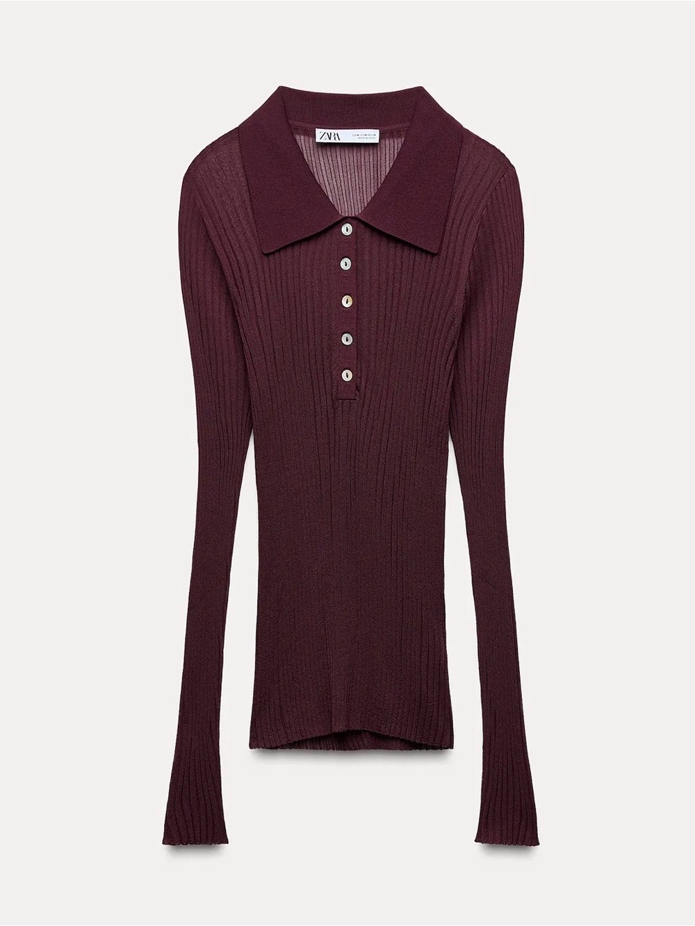 Zara- Fine Knit Long-Sleeve Ribbed Polo in Deep Wine